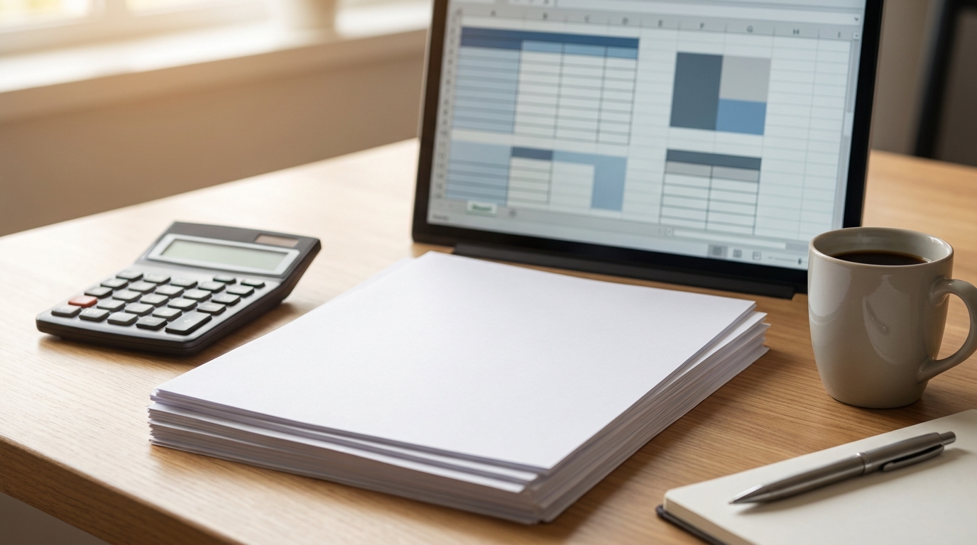 A tidy desk with organised financial documents, a calculator and a laptop showing a spreadsheet